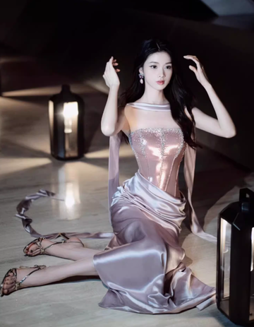 Purple Exquisite Beaded Sheath Strapless Corset Satin Prom Dress Party Dress with Slit HZ1023